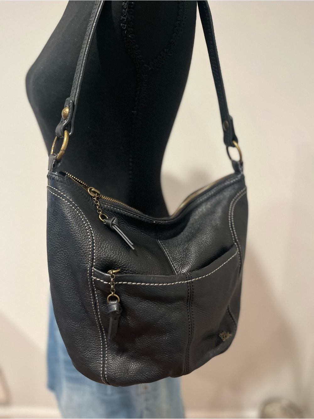 the Sak Black Pebbled Leather Shoulder Bag with Contrast Stitching
